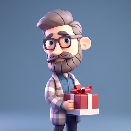 3D Render of a Bearded Hipster with a gift boxの素材