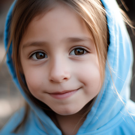 Portrait of a cute little girl in a blue jacket with a hoodの素材