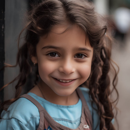Portrait of a cute little girl with curly hair in the cityの素材