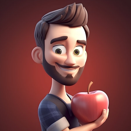 3D illustration of a cartoon character with an apple in his handの素材