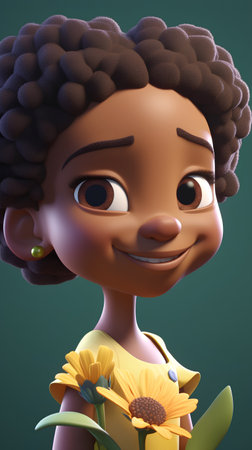 Cute african american girl with yellow flower. 3d renderingの素材