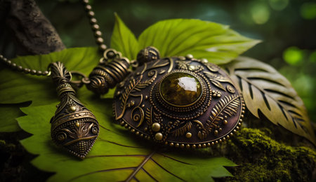 Vintage jewelry on a background of green leaves. Selective focus.の素材