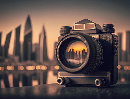 Vintage camera on the background of the city. The concept of travel.の素材
