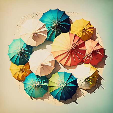 Colorful umbrellas on vintage paper background. Retro style.の素材