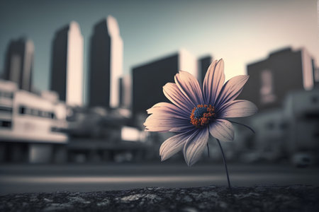 Beautiful flower on the background of the city. Toned.の素材