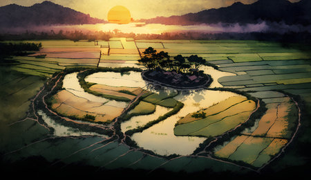 Rice field in the morning with sunrise in the background. Digital painting.の素材
