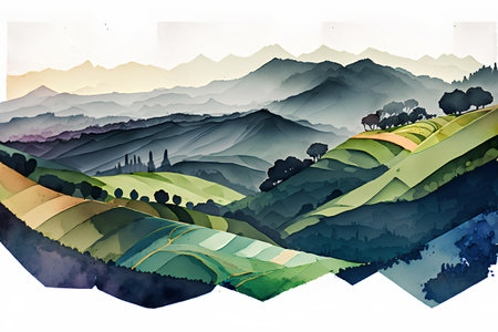 Watercolor landscape. Hand drawn illustration with mountains, forests and fields.の素材