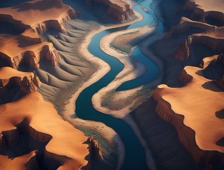 Aerial view of river in the desert. 3D Renderingの素材