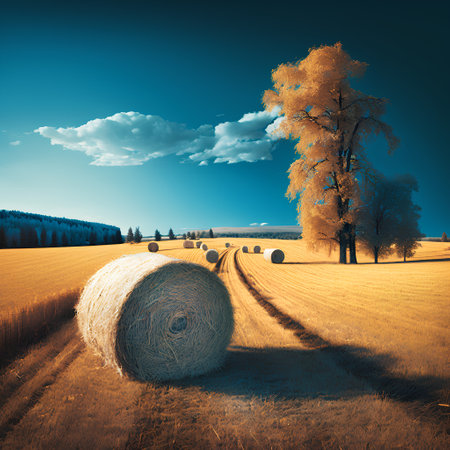 Autumn landscape with hay bales on the field and blue skyの素材