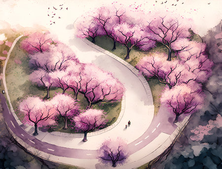 Cherry blossom road. Digital watercolor painting on paper.の素材