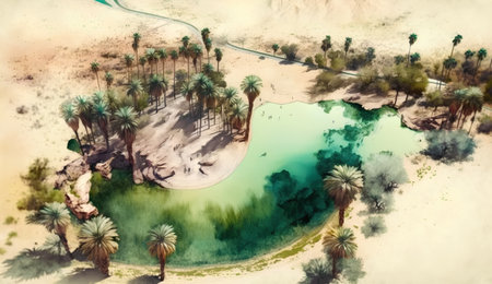 Landscape with palm trees and lake. Digital watercolor painting.の素材