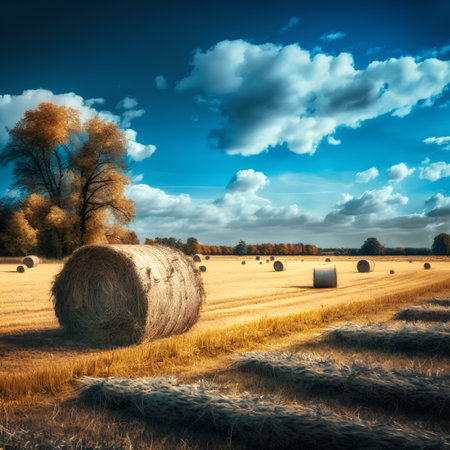 Harvested field with hay bales under blue sky with cloudsの素材