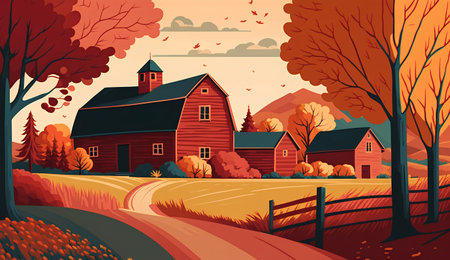 Autumn rural landscape with red barn and road. Vector illustration.の素材