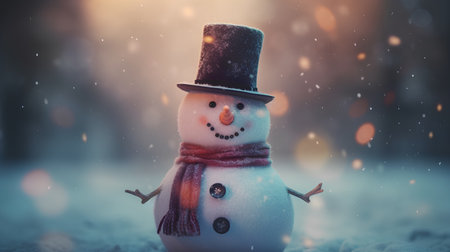 Snowman with hat and scarf in winter forest. Christmas background.の素材