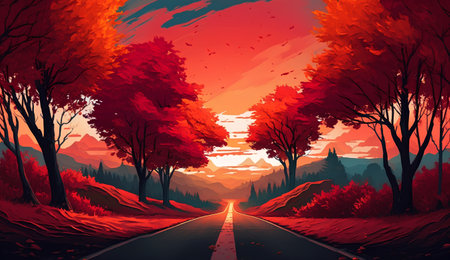Autumn forest landscape with road, trees and sunset. Vector illustrationの素材