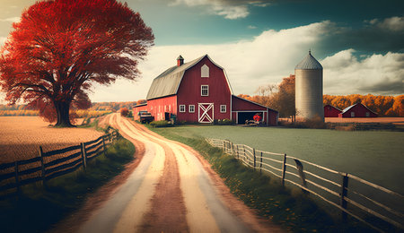 American Countryside with Red Barn and Fence. Colorful Autumn Sunset.の素材