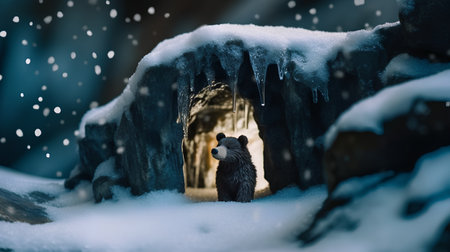 Little bear in winter forest with icicles and snowflakes.の素材