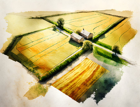 Watercolor illustration of a country landscape with fields and a farm house.の素材