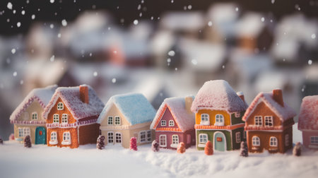 Little houses on snow with falling snowflakes. Christmas background.の素材