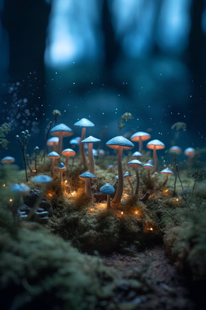 Mushrooms in the forest at night. Fantasy forest landscape.の素材