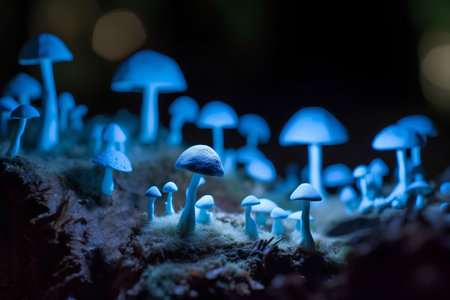Mushrooms growing in the forest at night. Selective focus.の素材