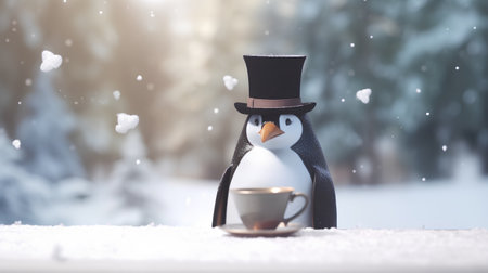 Penguin in the hat with cup of coffee in winter forestの素材