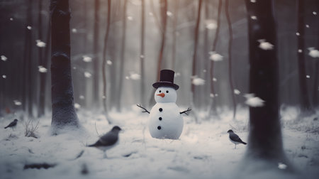Snowman in winter forest. Christmas and New Year holidays background.の素材
