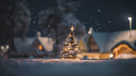 Christmas and New Year holidays background. Christmas tree in snowfall. Festive decoration.の素材