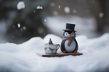 Penguin with a cup of coffee on the snow in winterの素材