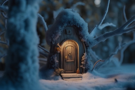 Small wooden house in the winter forest. Selective focus on the doorの素材