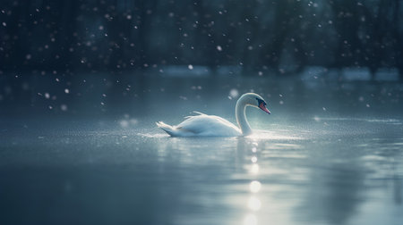 swan on blue lake water in heavy snowfall, nature seriesの素材