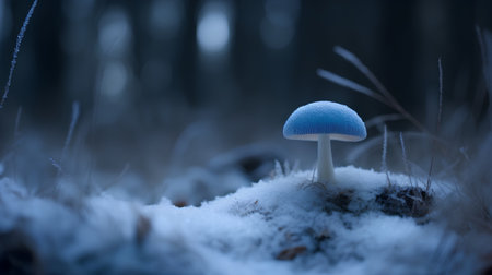 Beautiful blue mushroom growing in the snow in the forest at nightの素材