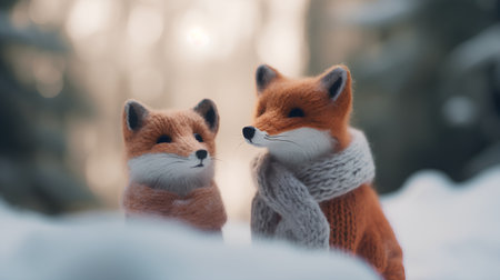 Two red foxes in winter forest. Cute animal friends.の素材