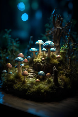 mushrooms in moss on a dark background with bokehの素材