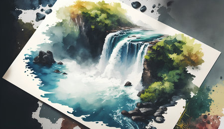 Watercolor illustration of a waterfall on a river. Digital painting.の素材