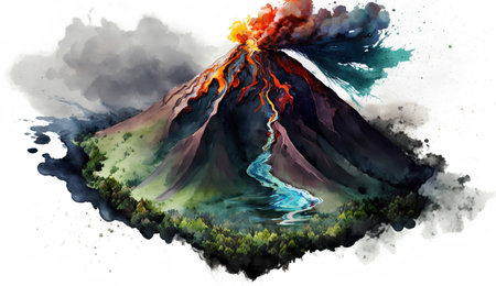Volcano eruption. Watercolor illustration of a volcano eruption with smoke.の素材