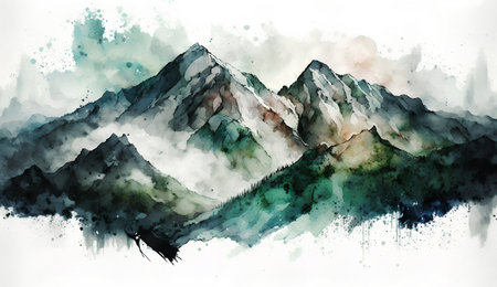 Watercolor hand drawn mountain landscape. Digital art painting on paper.の素材