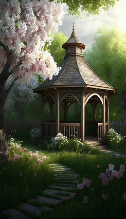 Wooden gazebo in the garden with cherry blossomの素材