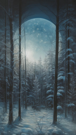 Winter forest with full moon and snow-covered trees in the backgroundの素材