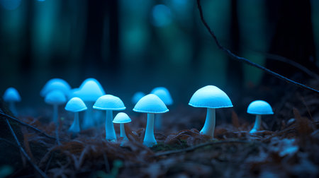 Mushrooms in the forest at night. Shallow depth of fieldの素材
