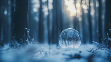 Glowing crystal ball in snowy forest. Christmas and New Year background.の素材