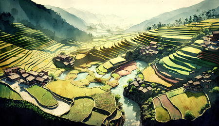Watercolor painting of terraced rice field at sunset in Vietnam.の素材