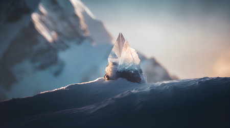 Ice crystal on snowy mountain peak at sunset. Beautiful winter landscape.の素材