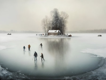Winter landscape with frozen lake, trees and people on ice-holeの素材