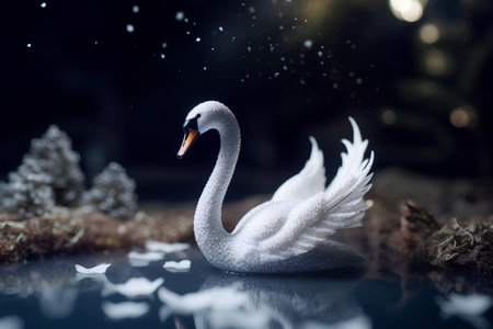 White swan on a dark background with snowflakes. Christmas concept.の素材