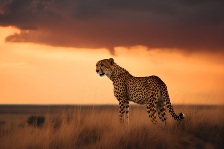 Cheetah in savannah at sunset, Masai Mara, Kenyaの素材