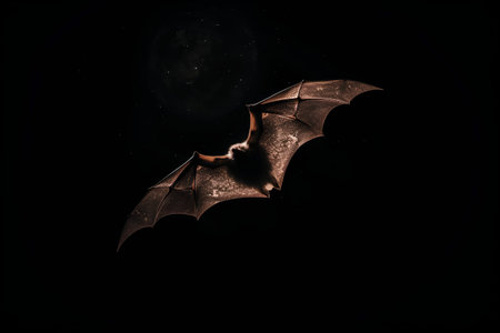 Halloween concept. Flying bat on black background with full moon.の素材