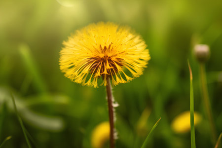 Yellow dandelion flower on green grass background. Dandelionの素材