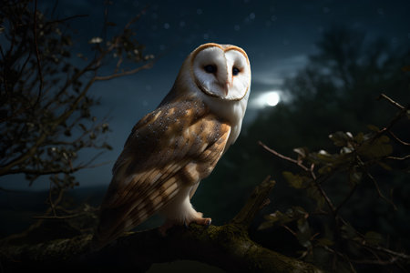 Barn Owl (Tawny Owl) sitting on a branch at nightの素材
