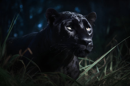 Black panther in the dark forest. Panthera leo.の素材